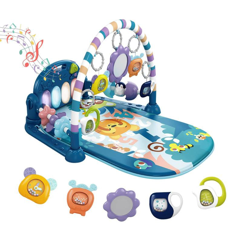 Baby Play Mat Baby Gym,Funny Play Piano Tummy Time Baby Activity Mat with 5 Infant Sensory Baby Toys, Music and Lights Boy & Girl Gifts for Newborn Baby(Blue Tiger)
